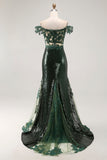 Chic Dark Green Off the Shoulder Mermaid Sequin Long Formal Dress with Embroidery