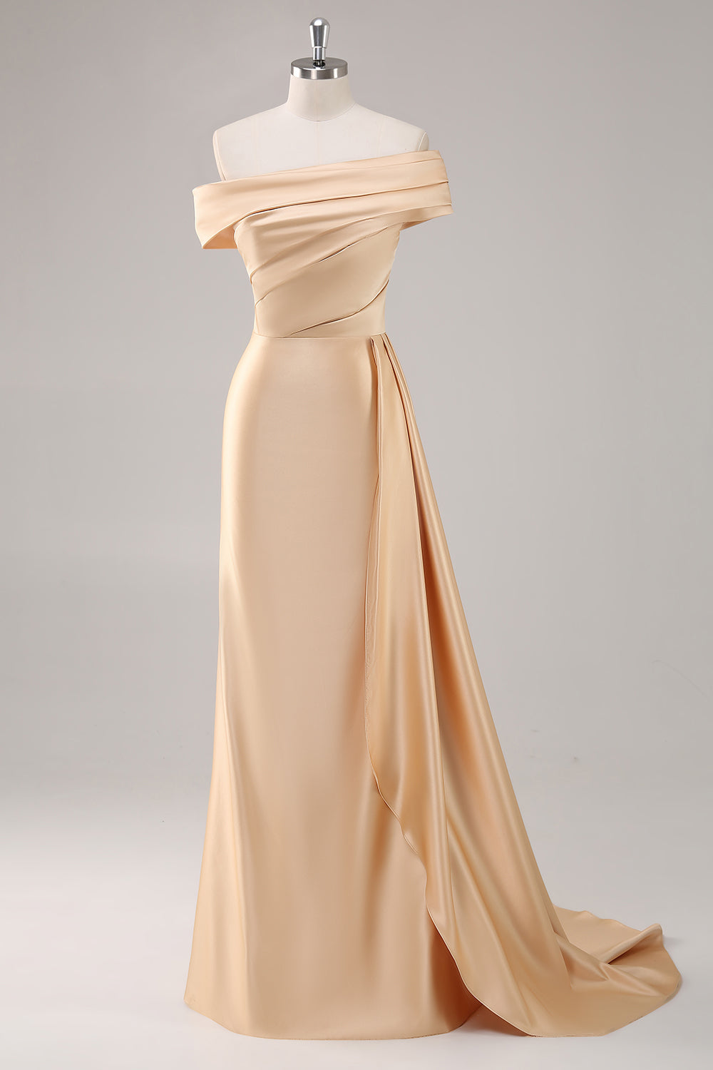 Off The Shoulder Pleated Champagne Sheath Long Formal Dress