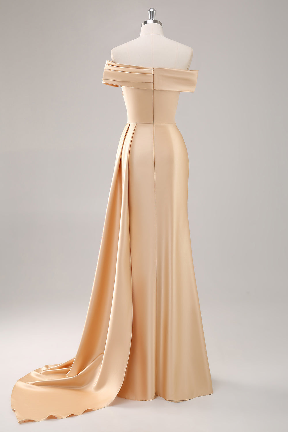 Off The Shoulder Pleated Champagne Sheath Long Formal Dress
