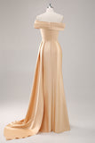 Off The Shoulder Pleated Champagne Sheath Long Formal Dress