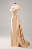 Off The Shoulder Pleated Champagne Sheath Long Formal Dress