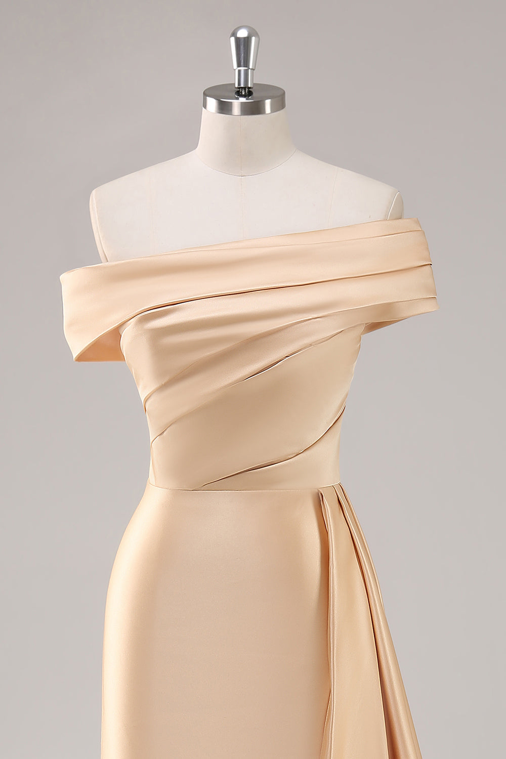 Off The Shoulder Pleated Champagne Sheath Long Formal Dress