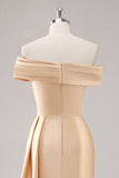 Off The Shoulder Pleated Champagne Sheath Long Formal Dress
