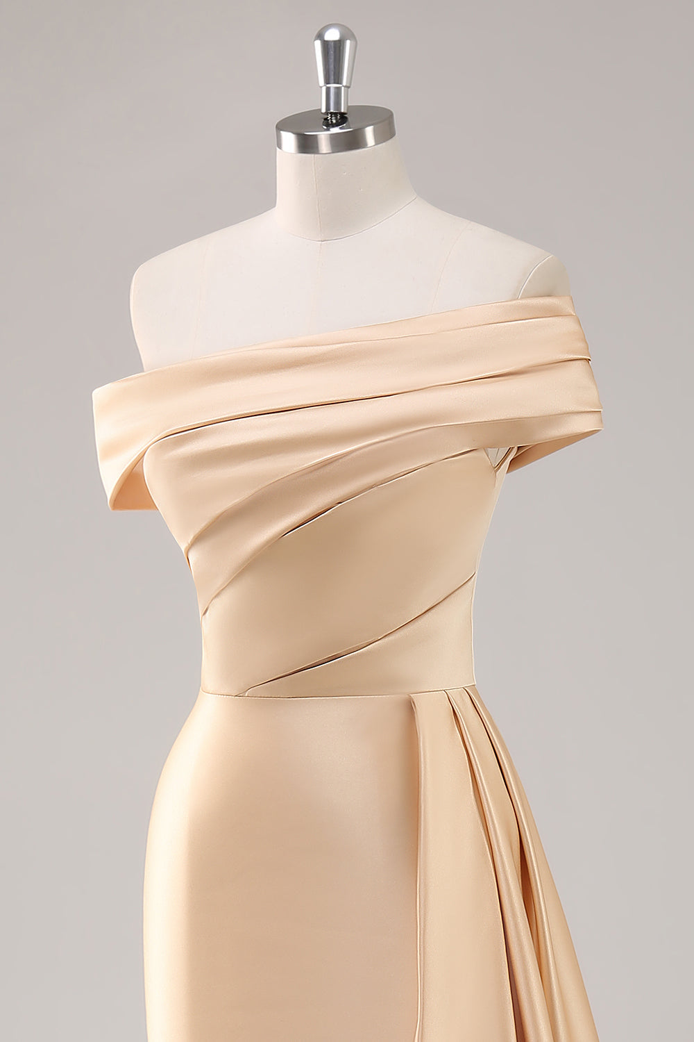 Off The Shoulder Pleated Champagne Sheath Long Formal Dress