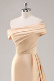 Off The Shoulder Pleated Champagne Sheath Long Formal Dress
