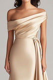 Off The Shoulder Pleated Champagne Sheath Long Formal Dress
