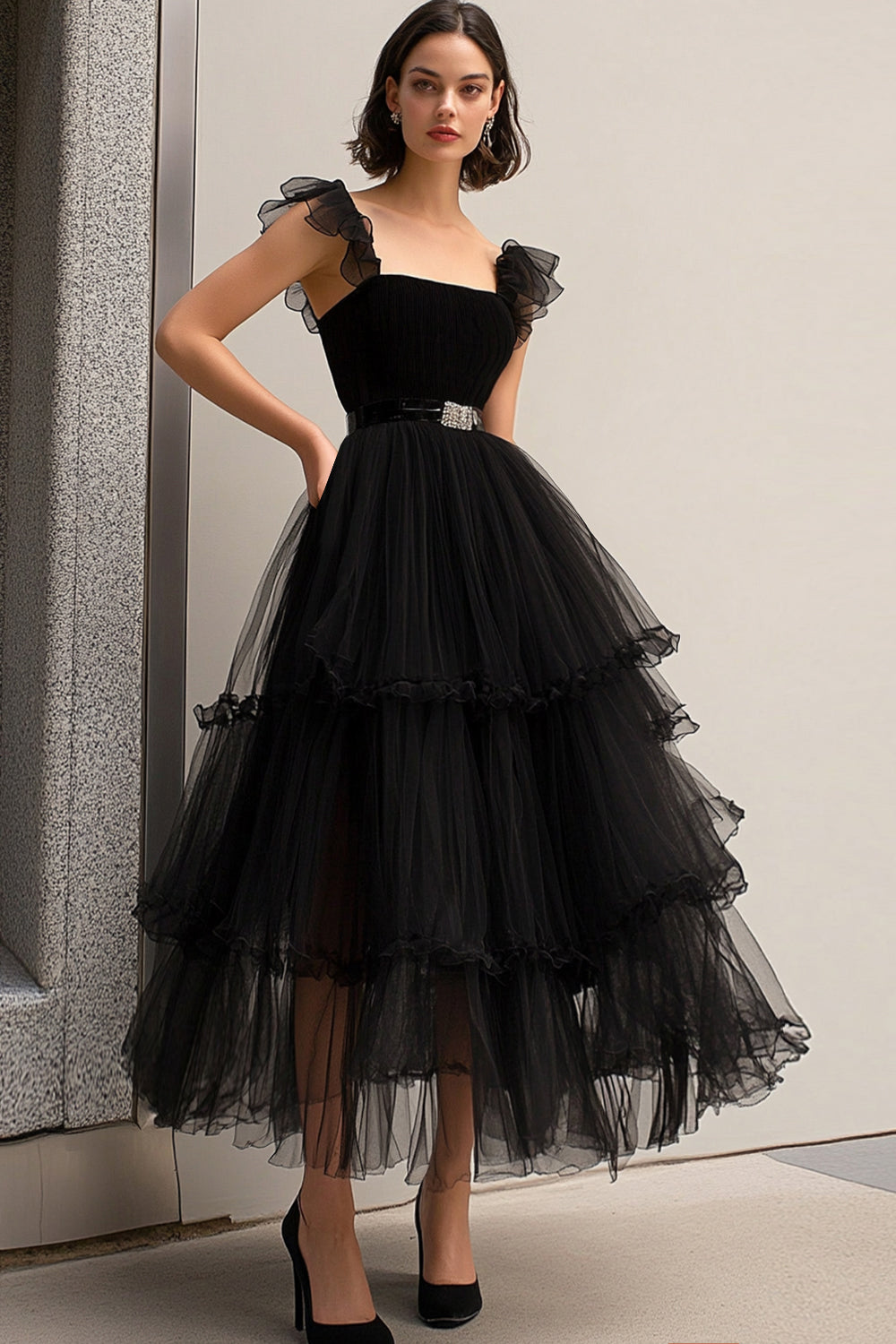 Black Tulle Spaghetti Straps A Line Ruffled Long Formal Dress
