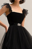 Black Tulle Spaghetti Straps A Line Ruffled Long Formal Dress