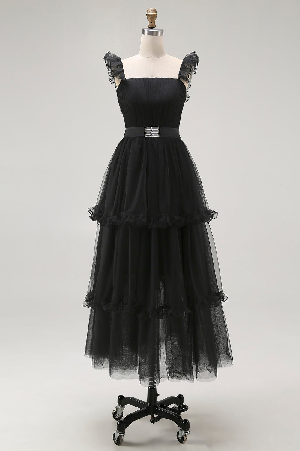 Black Tulle Spaghetti Straps A Line Ruffled Long Formal Dress