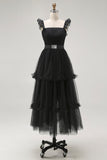 Black Tulle Spaghetti Straps A Line Ruffled Long Formal Dress