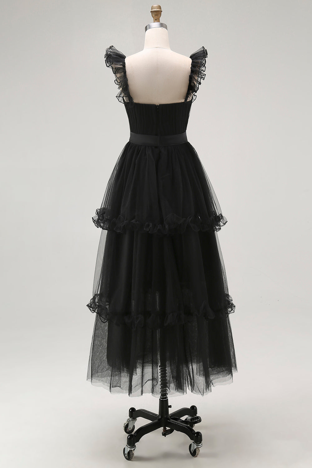 Black Tulle Spaghetti Straps A Line Ruffled Long Formal Dress
