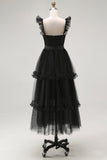 Black Tulle Spaghetti Straps A Line Ruffled Long Formal Dress