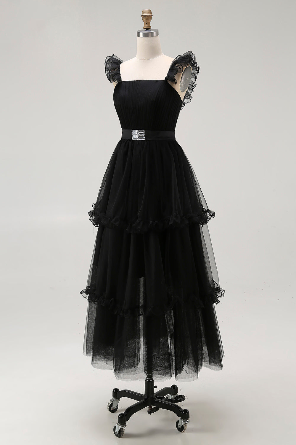 Black Tulle Spaghetti Straps A Line Ruffled Long Formal Dress