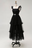 Black Tulle Spaghetti Straps A Line Ruffled Long Formal Dress