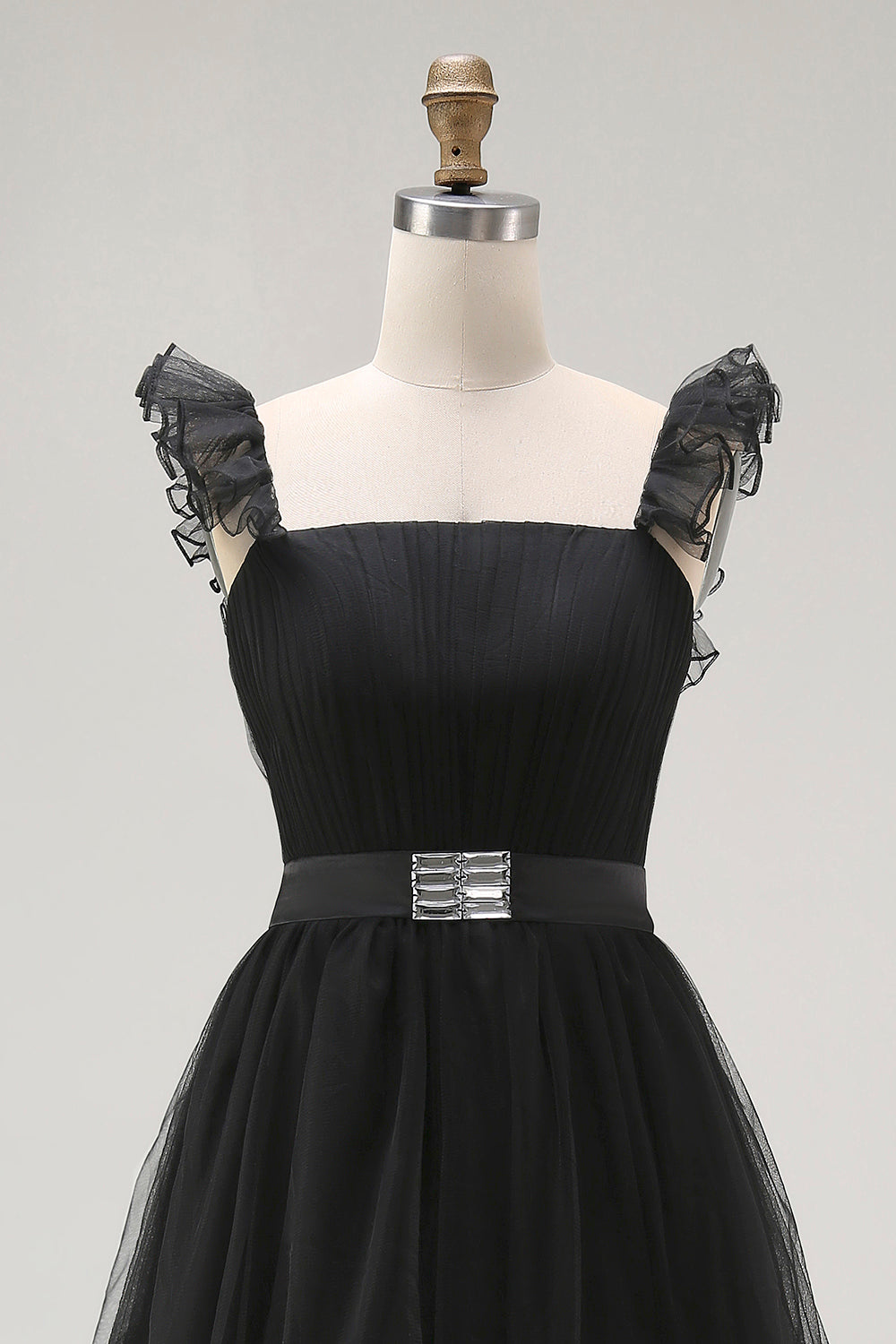 Black Tulle Spaghetti Straps A Line Ruffled Long Formal Dress