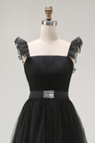 Black Tulle Spaghetti Straps A Line Ruffled Long Formal Dress
