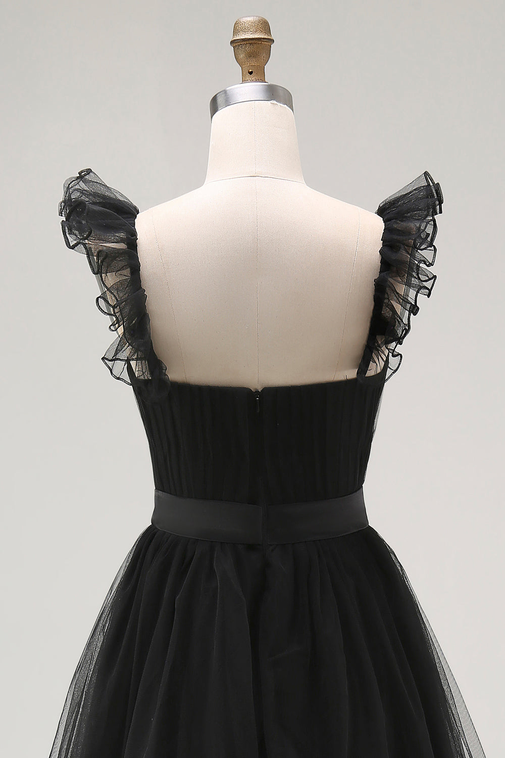 Black Tulle Spaghetti Straps A Line Ruffled Long Formal Dress