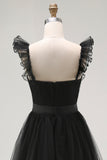 Black Tulle Spaghetti Straps A Line Ruffled Long Formal Dress