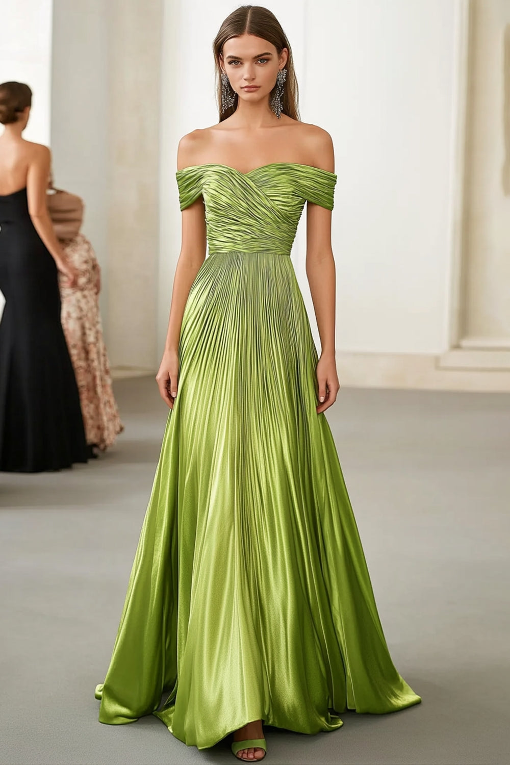 Zapaka Women Elegant Metallic Satin Green Long Formal Dress A Line Pleated Off the Shoulder Military Ball Dress