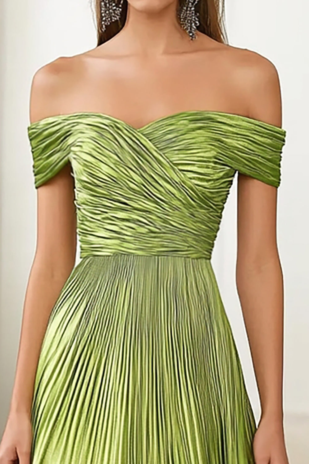 Elegant Green Metallic Off the Shoulder A Line Pleated Long Formal Dress