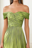 Elegant Green Metallic Off the Shoulder A Line Pleated Long Formal Dress