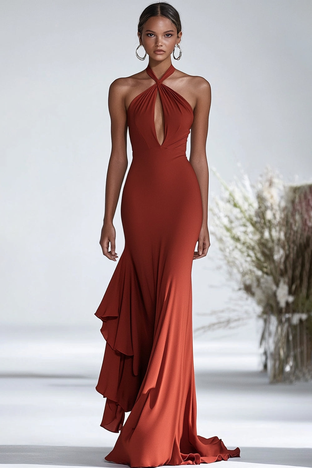 Halter Terracotta Chiffon Sheath Long Formal Dress with Ruffles