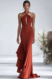 Halter Terracotta Chiffon Sheath Long Formal Dress with Ruffles