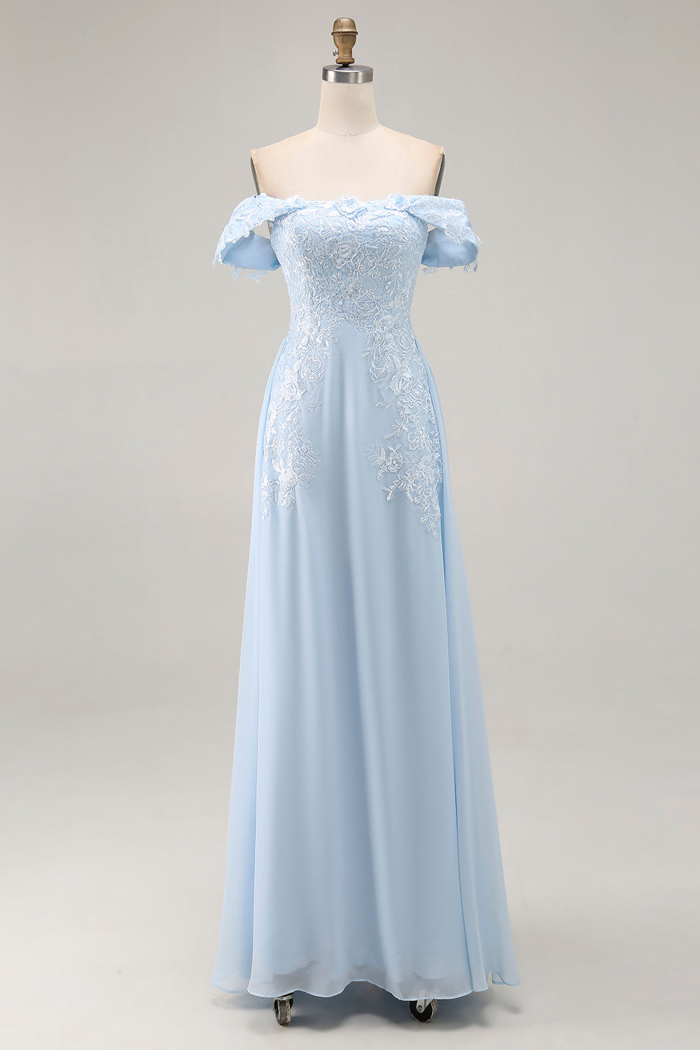 Elegant Sky Blue Off the Shoulder Chiffon Sheath Long Mother of the Bride with Lace Appliques