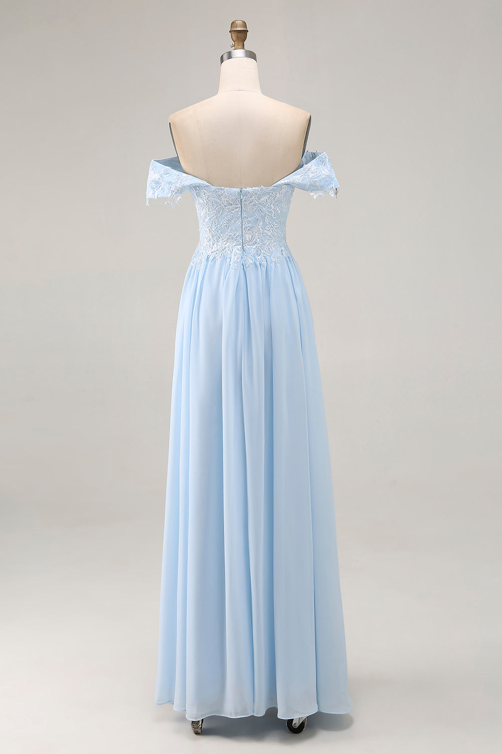 Elegant Sky Blue Off the Shoulder Chiffon Sheath Long Mother of the Bride with Lace Appliques