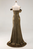 Gold Off The Shoulder Sheath Metallic Formal Dress With Slit