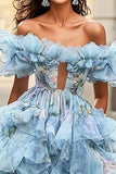 Blue Off the Shoulder A Line Floral Ruffled Long Formal Dress