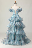 Blue Off the Shoulder A Line Floral Ruffled Long Formal Dress