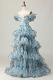 Blue Off the Shoulder A Line Floral Ruffled Long Formal Dress