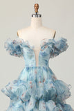 Blue Off the Shoulder A Line Floral Ruffled Long Formal Dress