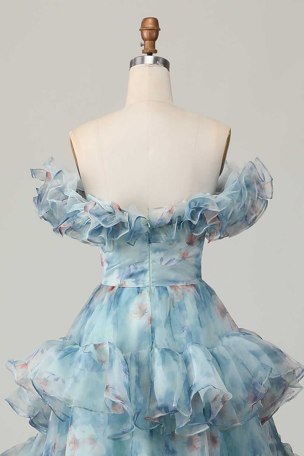 Blue Off the Shoulder A Line Floral Ruffled Long Formal Dress