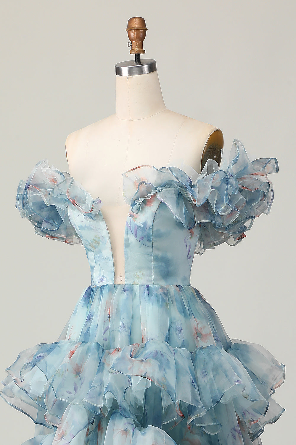 Blue Off the Shoulder A Line Floral Ruffled Long Formal Dress