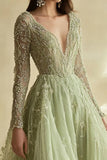 Dusty Sage Tulle Lace Applique V Neck Long Sleeves Formal Dress