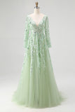 Dusty Sage Tulle Lace Applique V Neck Long Sleeves Formal Dress