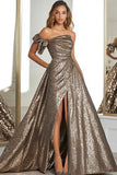 Gold Glitter Fabric A Line One Shoulder Pleated Formal Dress with Slit