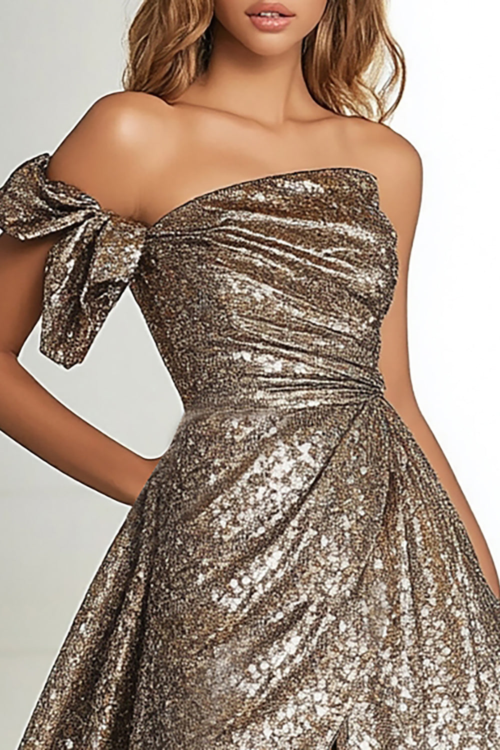 Gold Glitter Fabric A Line One Shoulder Pleated Formal Dress with Slit