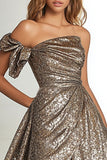 Gold Glitter Fabric A Line One Shoulder Pleated Formal Dress with Slit