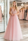 A Line Lace Appliques Tulle Pink Deep V Neck Formal Dress