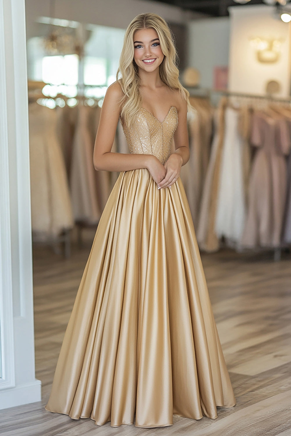 Sparkly Gold Satin Sweetheart A Line Long Formal Dress with Beading