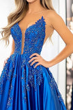 Sparkly Royal Blue Satin Ball Gown Long Formal Dress with Appliques