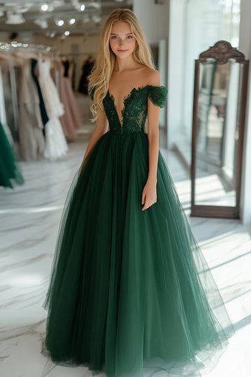 Dark Green Ball Gown Tulle Long Formal Dress with Lace Appliques