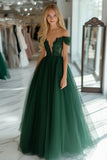 Dark Green Ball Gown Tulle Long Formal Dress with Lace Appliques