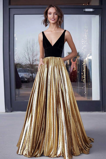 Gold Metallic V neck A Line Pleated Long Formal Dress