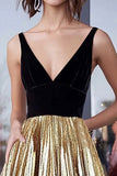 Gold Metallic V neck A Line Pleated Long Formal Dress