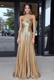ZAPAKA Women Gold Metallic Long Formal Dress Sweetheart A-Line Pleated Evening Dress
