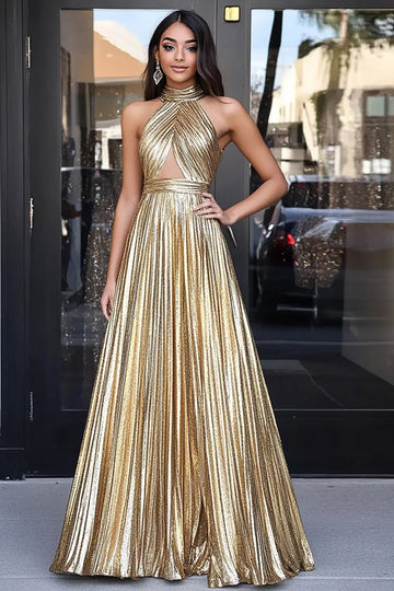 Gold A Line Metallic Halter Neck Pleated Long Formal Dress with Keyhole